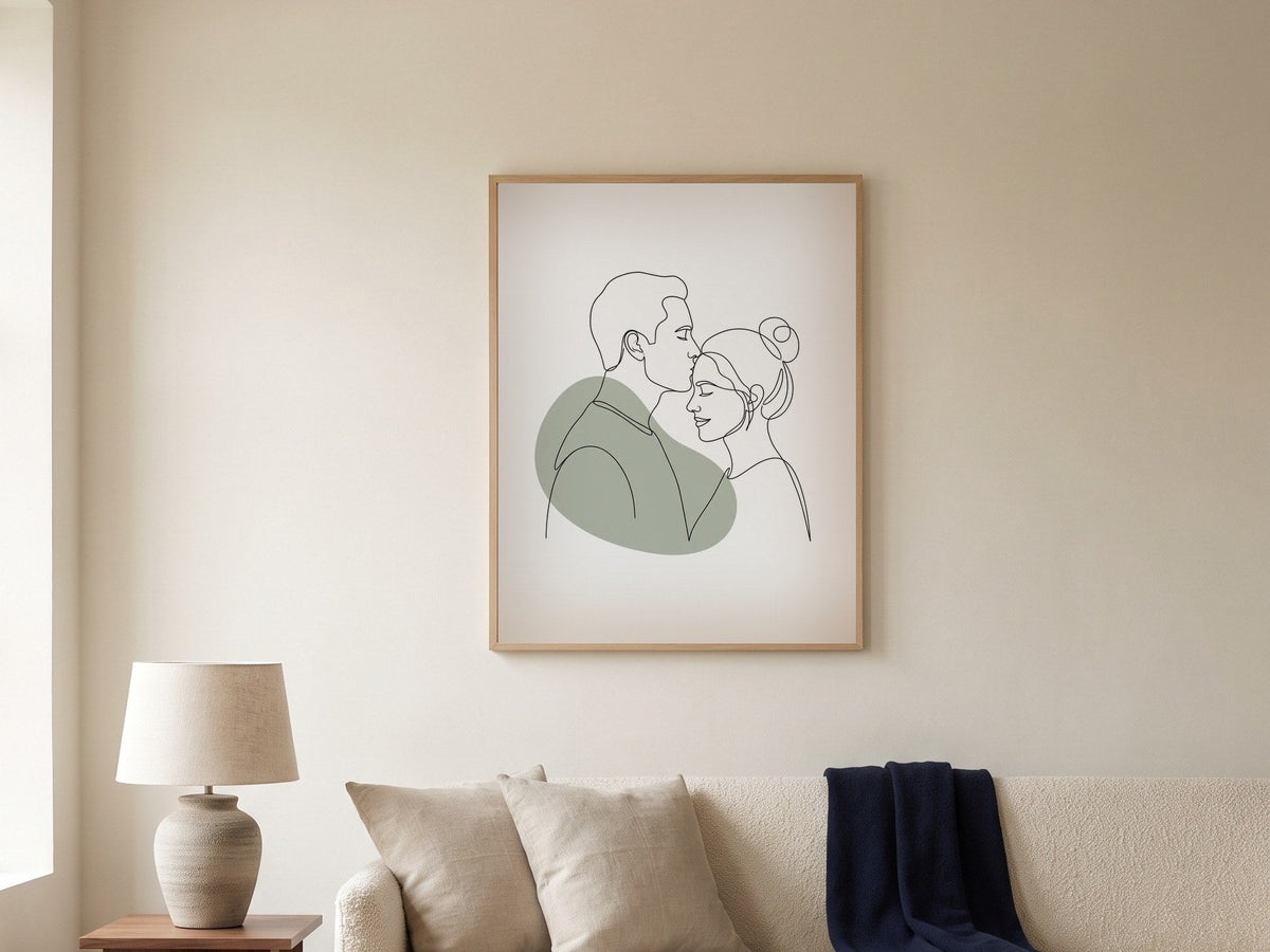 10 year anniversary gift: a watercolor portrait from a photo, framed on a wall