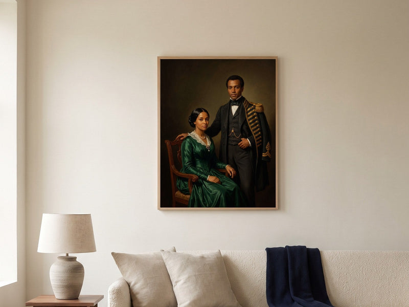 15 year anniversary gift: a watercolor portrait from a photo, framed on a wall