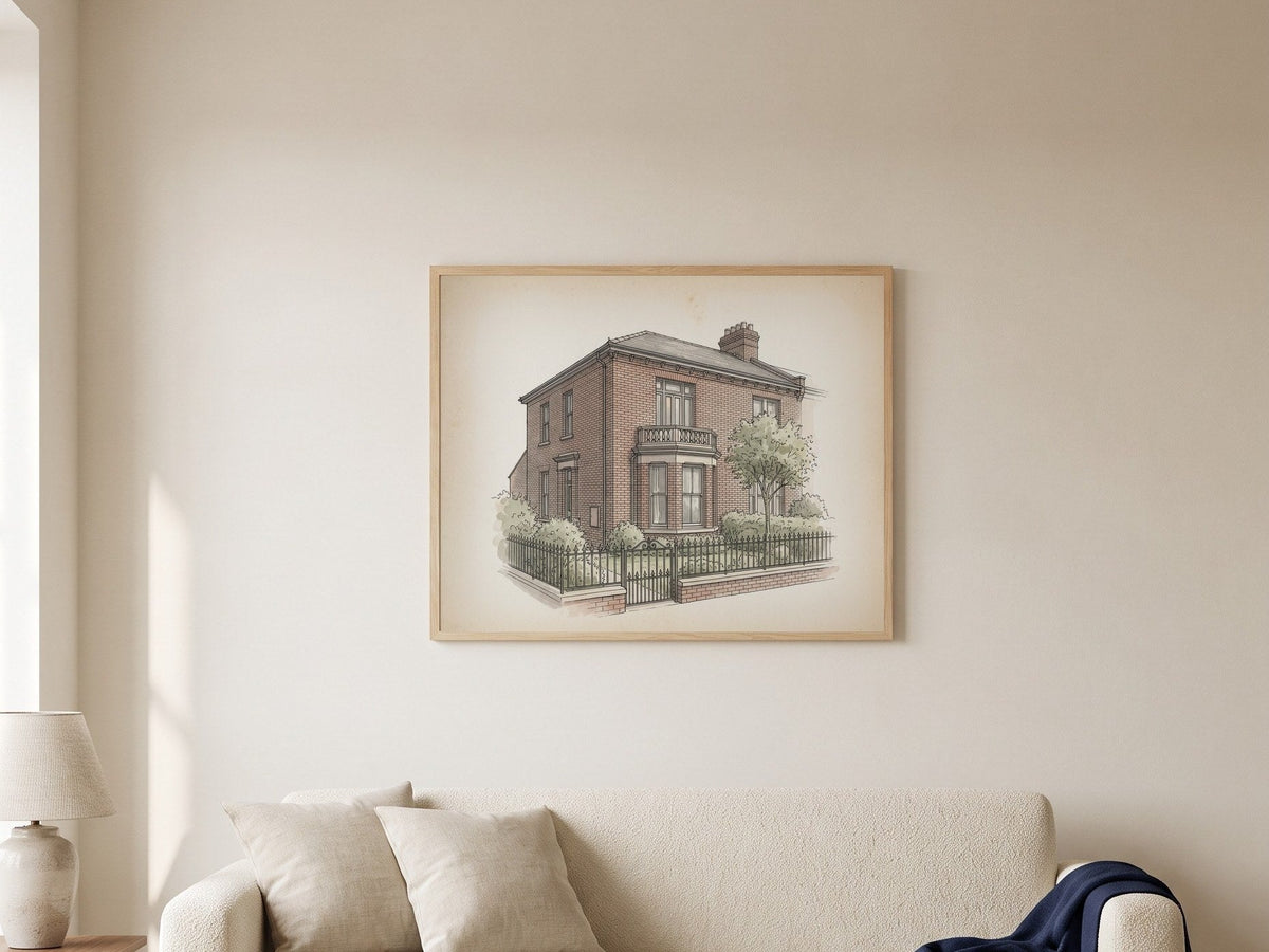 5 year anniversary gift: a watercolor portrait from a photo, framed on a wall