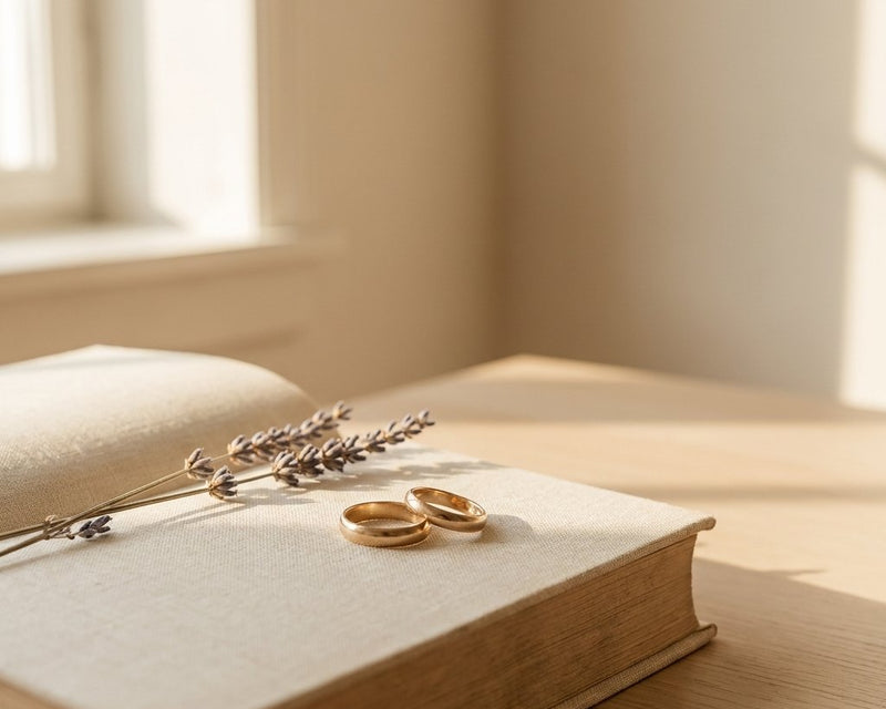 Two plain gold wedding bands resting on an open cream linen-bound book with a sprig of dried lavender