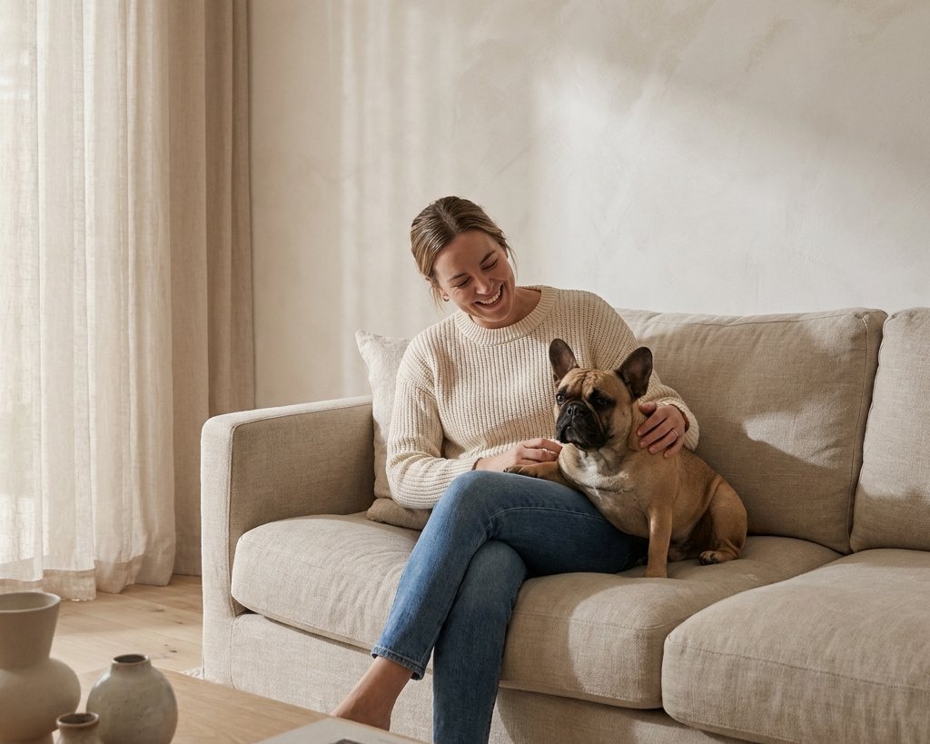 A woman laughing on a linen sofa with her fawn French bulldog settled against her lap in afternoon light