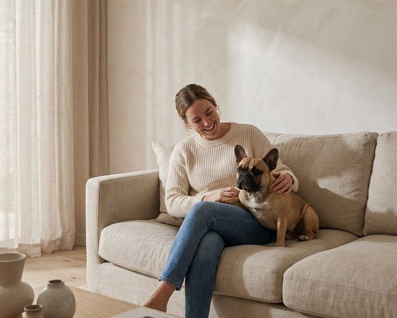 A woman laughing on a linen sofa with her fawn French bulldog settled against her lap in afternoon light