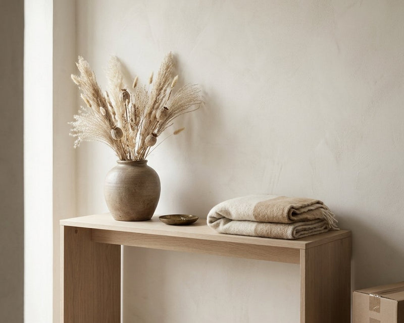 A pale oak console table against a warm wall holding a stoneware vase of dried grasses and a folded throw