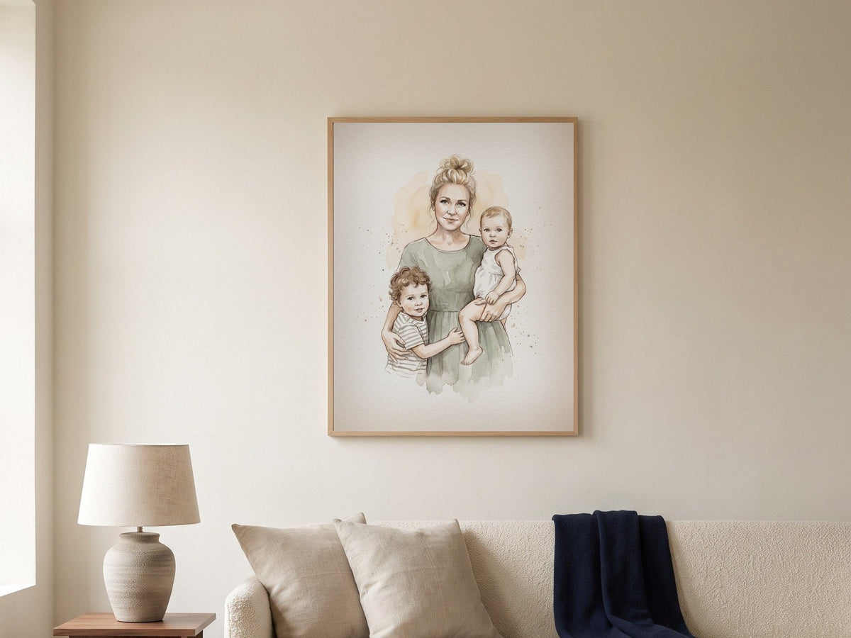 Mothers day gift ideas: a watercolor portrait from a photo, framed on a wall
