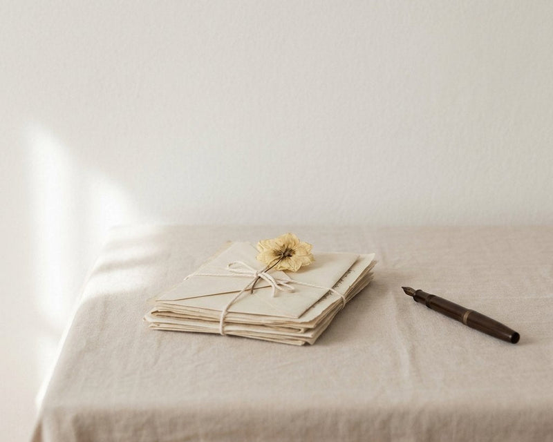 A stack of cream letters tied with string on pale linen, a pressed flower and a fountain pen alongside