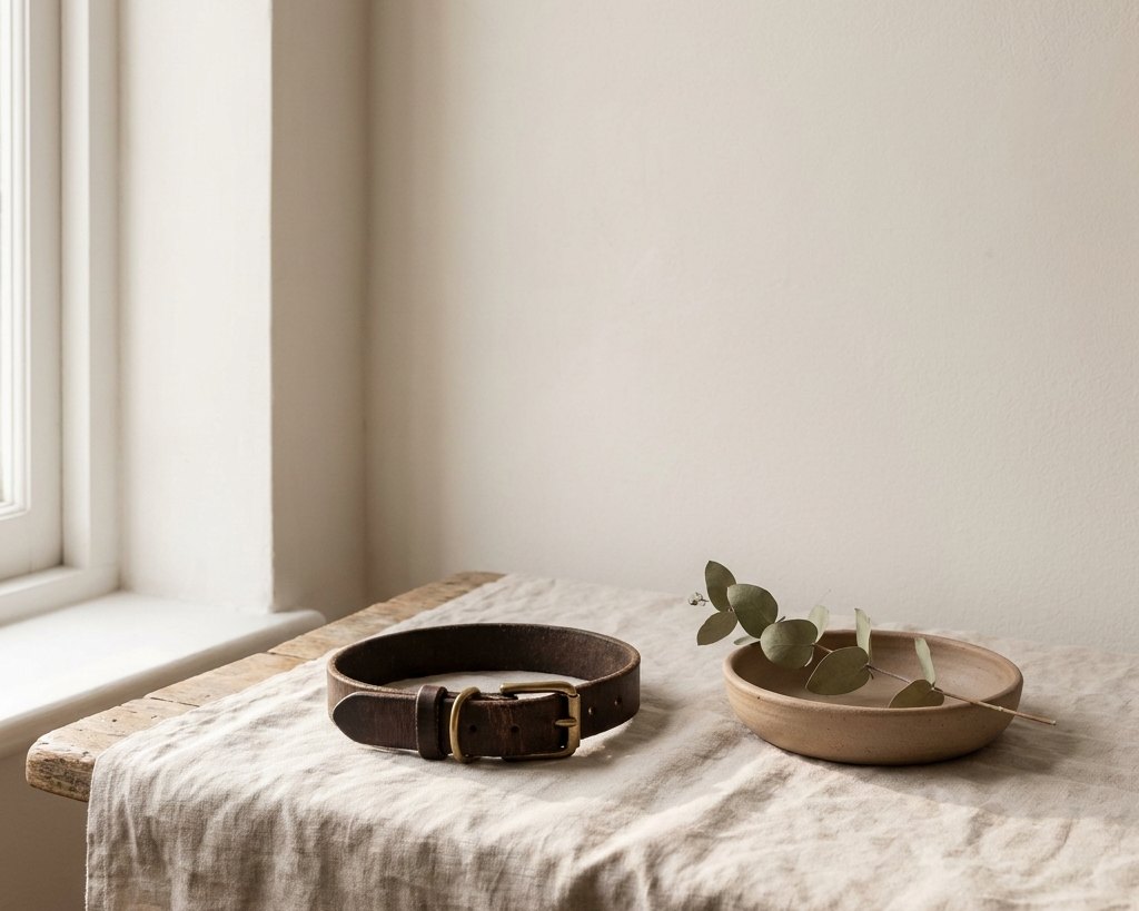 A worn leather dog collar on pale linen beside a ceramic dish holding a sprig of dried eucalyptus