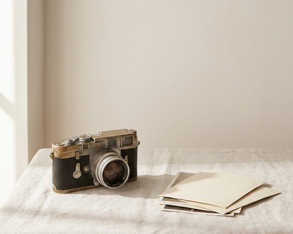 A vintage film camera on pale linen beside a small stack of matte photographic prints face down