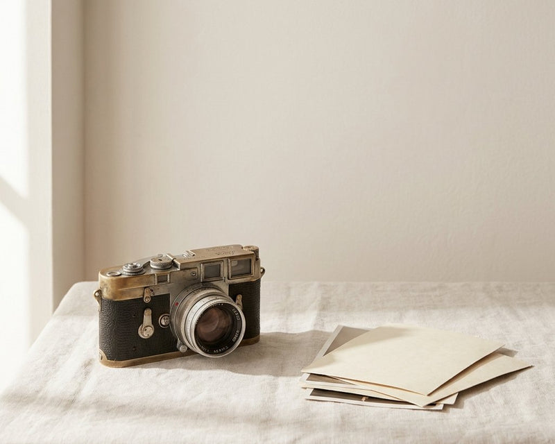 A vintage film camera on pale linen beside a small stack of matte photographic prints face down