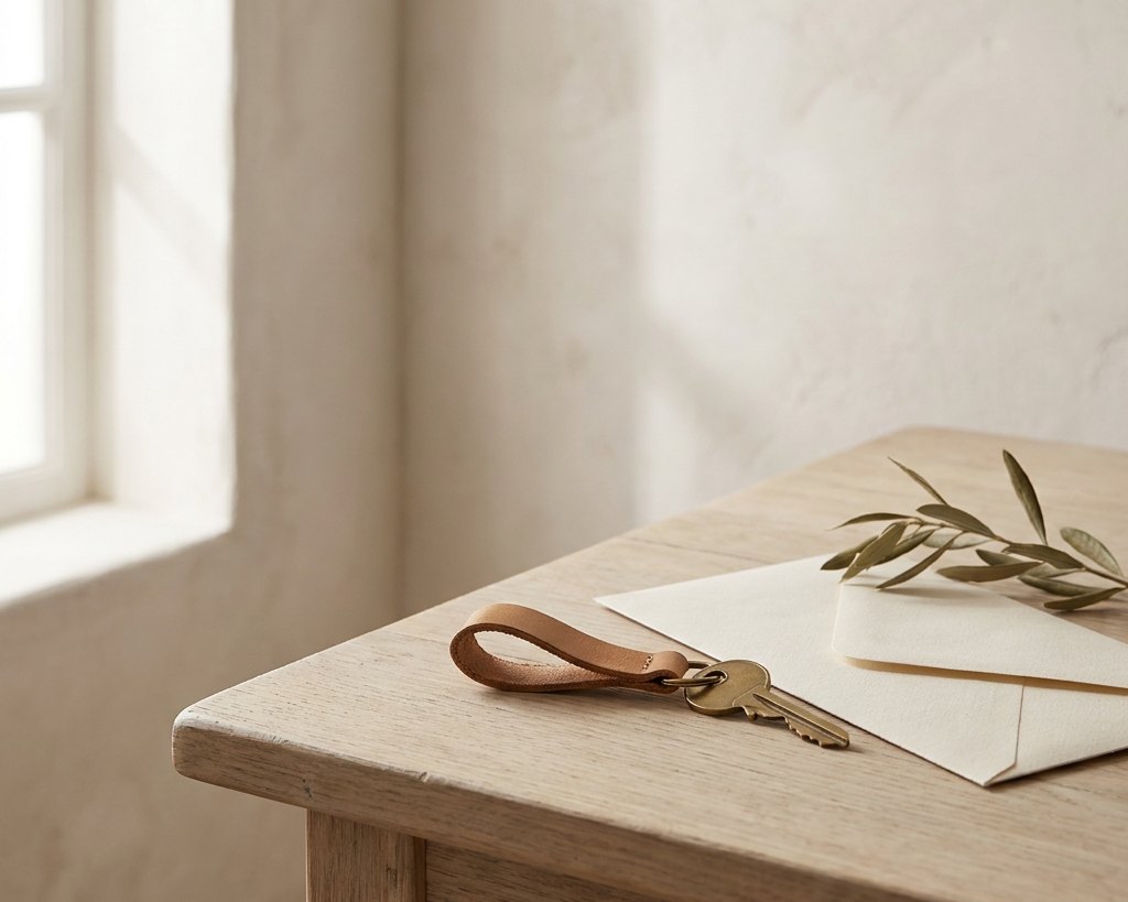 A brass house key on a leather fob resting on a pale oak table beside a cream envelope and an olive sprig