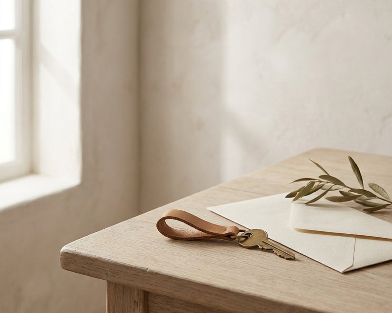 A brass house key on a leather fob resting on a pale oak table beside a cream envelope and an olive sprig