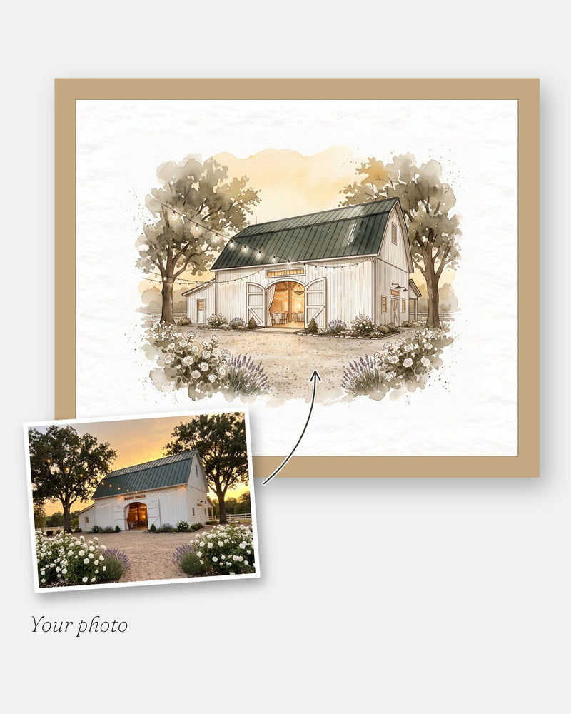 Wedding gift ideas: a watercolor portrait from a photo, framed on a wall
