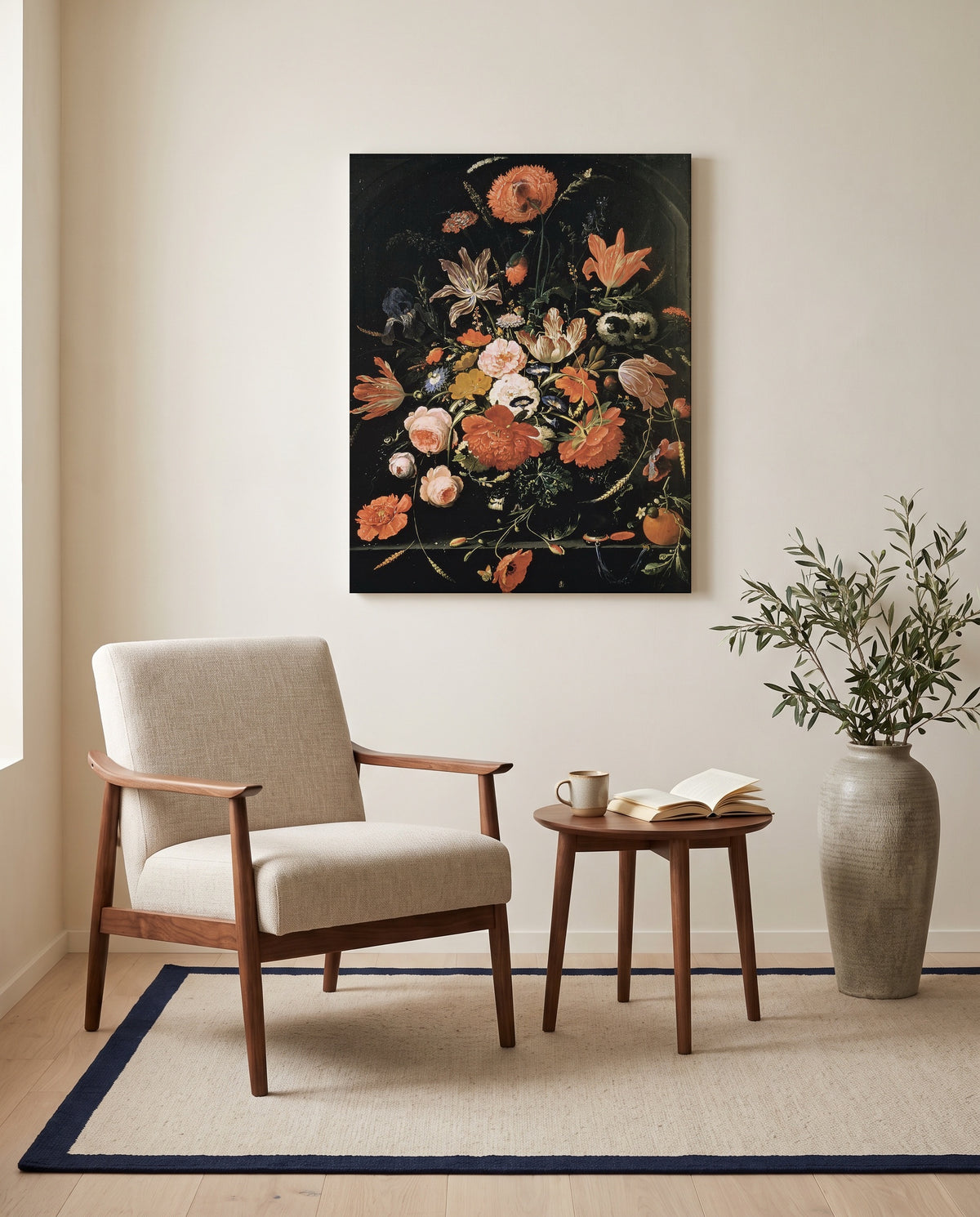 Flowers in a Glass Vase by Abraham Mignon as a stretched canvas above a linen lounge chair in a reading corner