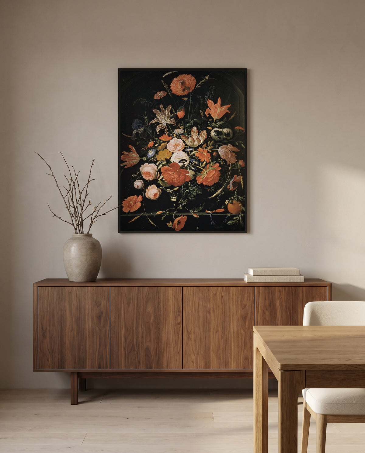 Flowers in a Glass Vase by Abraham Mignon in a black frame above a walnut sideboard in a dining room