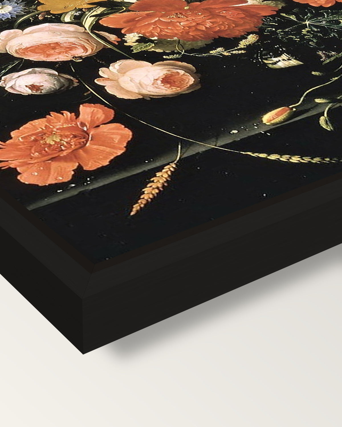 Flowers in a Glass Vase by Mignon framed canvas, corner close-up: a black floating frame with a shadow gap round the canvas