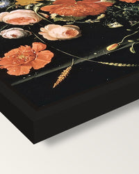 Flowers in a Glass Vase by Mignon framed canvas, corner close-up: a black floating frame with a shadow gap round the canvas