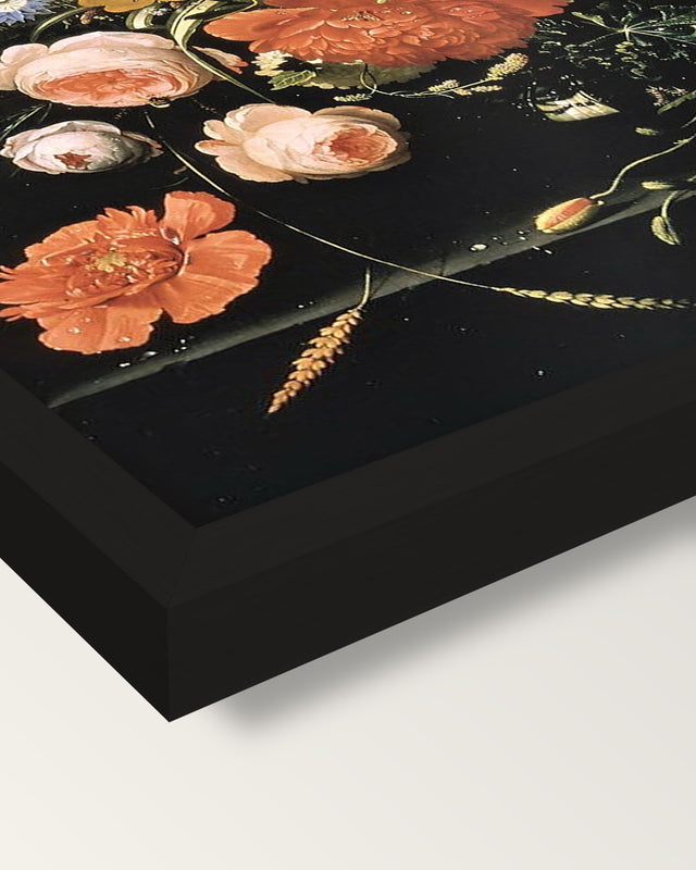 Flowers in a Glass Vase by Mignon framed print, corner close-up: black moulding, mitred, the print set just below its edge