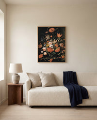 Flowers in a Glass Vase by Abraham Mignon framed in natural oak above a cream sofa in a warm living room