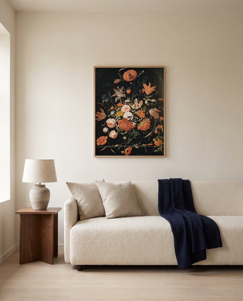 Flowers in a Glass Vase by Abraham Mignon framed in natural oak above a cream sofa in a warm living room