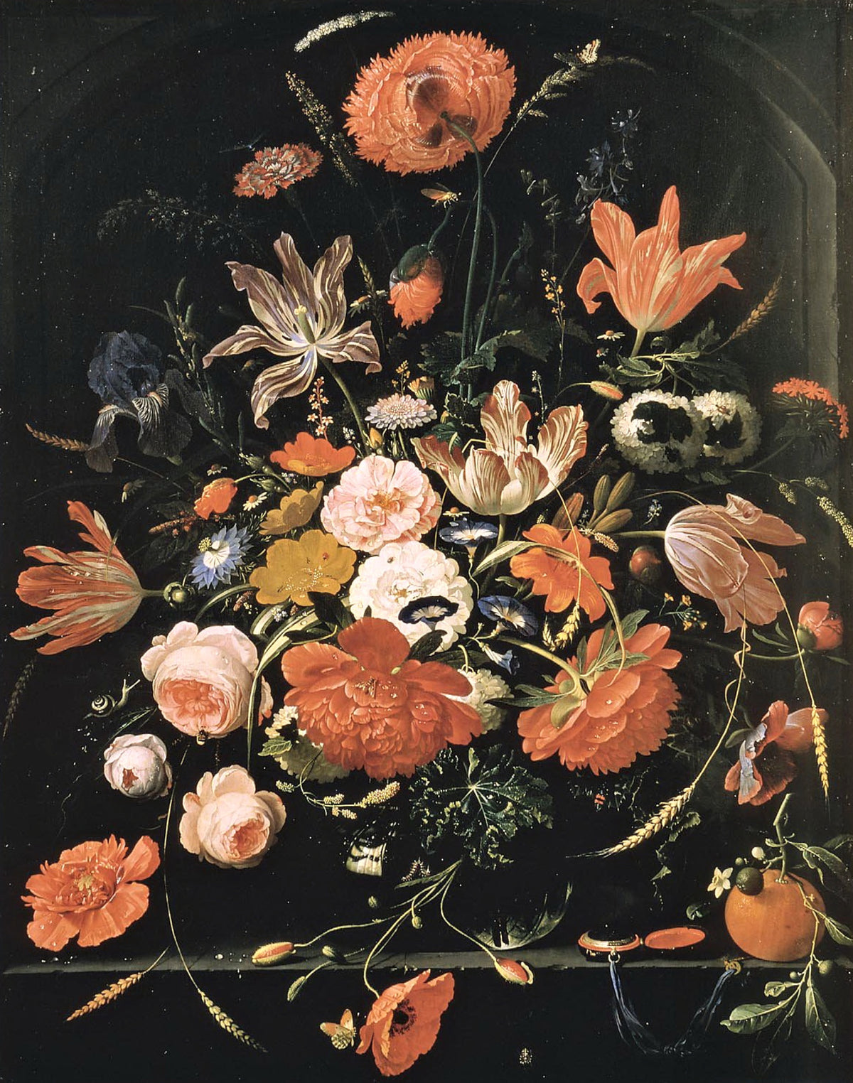 Flowers in a Glass Vase by Abraham Mignon: red poppies, pink roses and tulips in a glass vase against a dark stone niche