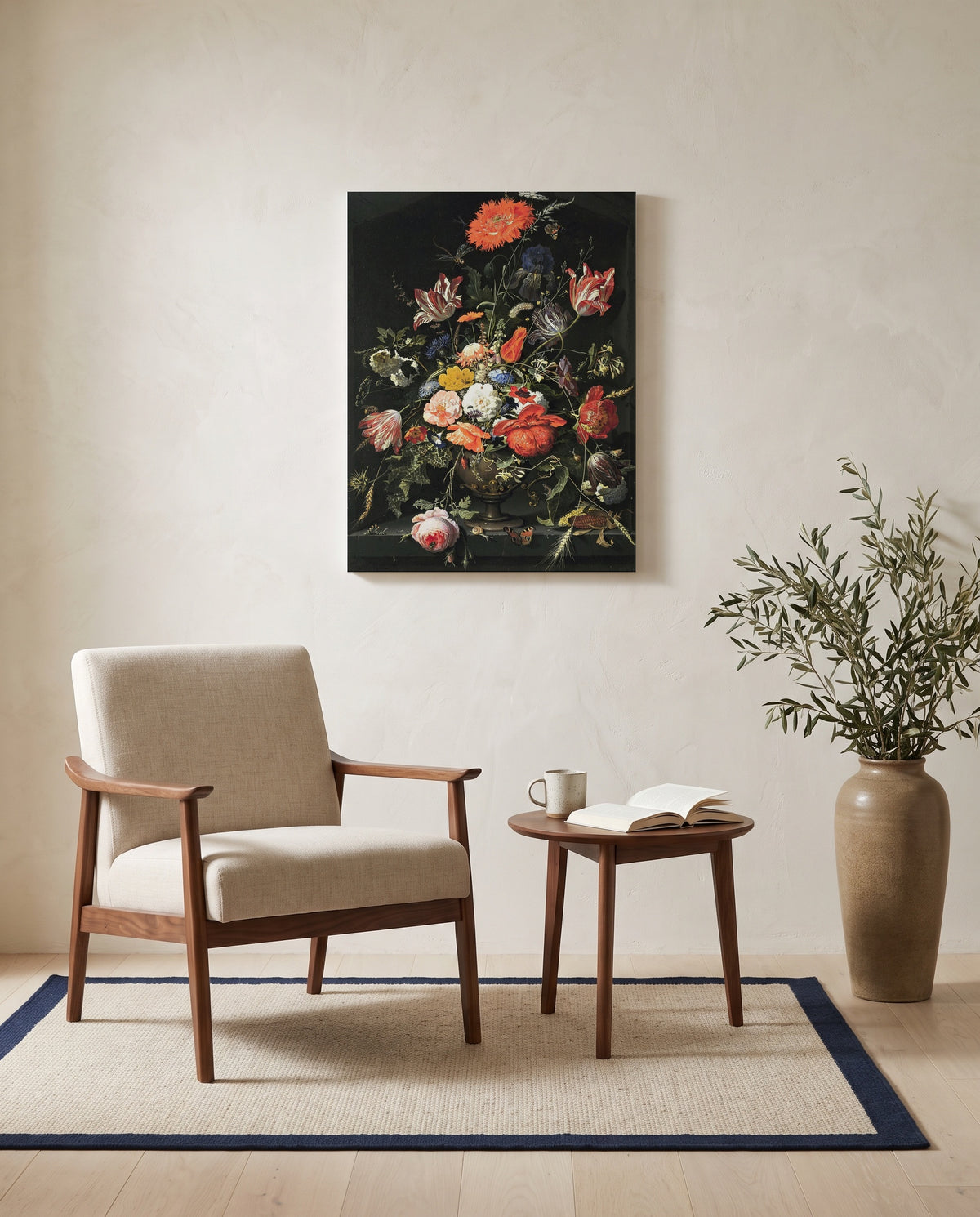 Flowers in a Metal Vase by Abraham Mignon as a stretched canvas above a linen lounge chair in a reading corner