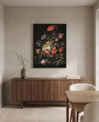 Flowers in a Metal Vase by Abraham Mignon in a black frame above a walnut sideboard in a dining room