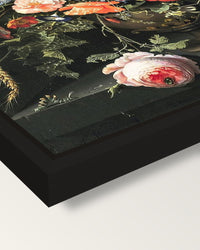 Flowers in a Metal Vase by Mignon framed canvas, corner close-up: a black floating frame with a shadow gap round the canvas