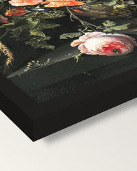 Flowers in a Metal Vase by Mignon framed print, corner close-up: black moulding, mitred, the print set just below its edge
