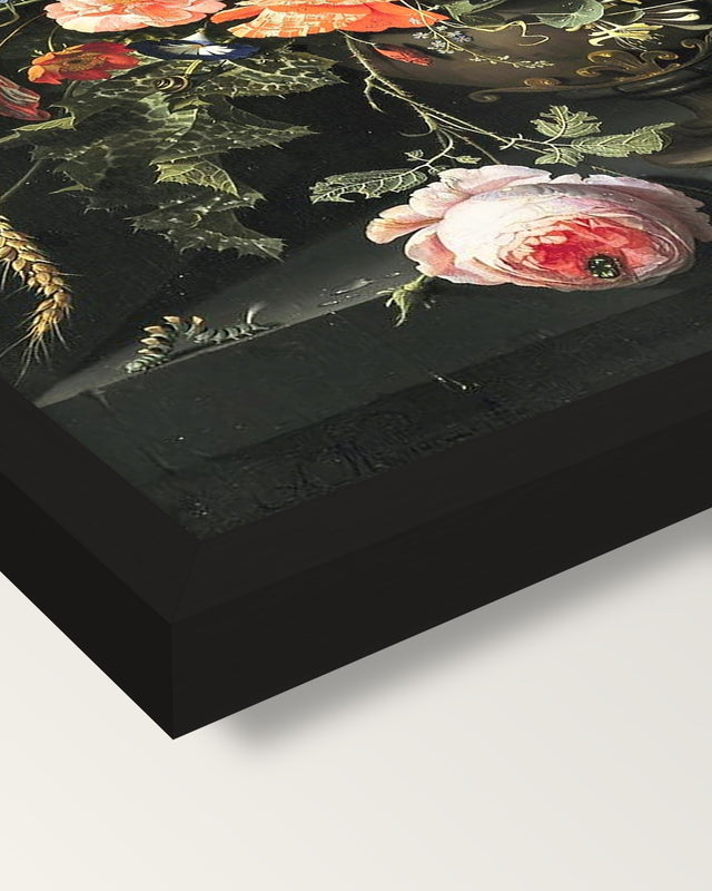 Flowers in a Metal Vase by Mignon framed print, corner close-up: black moulding, mitred, the print set just below its edge
