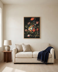 Flowers in a Metal Vase by Abraham Mignon framed in natural oak above a cream sofa in a warm living room