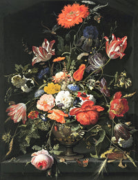 Flowers in a Metal Vase by Abraham Mignon: red poppies, striped tulips and roses in a metal vase in a dark stone niche