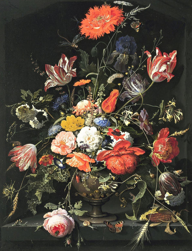 Flowers in a Metal Vase by Abraham Mignon: red poppies, striped tulips and roses in a metal vase in a dark stone niche