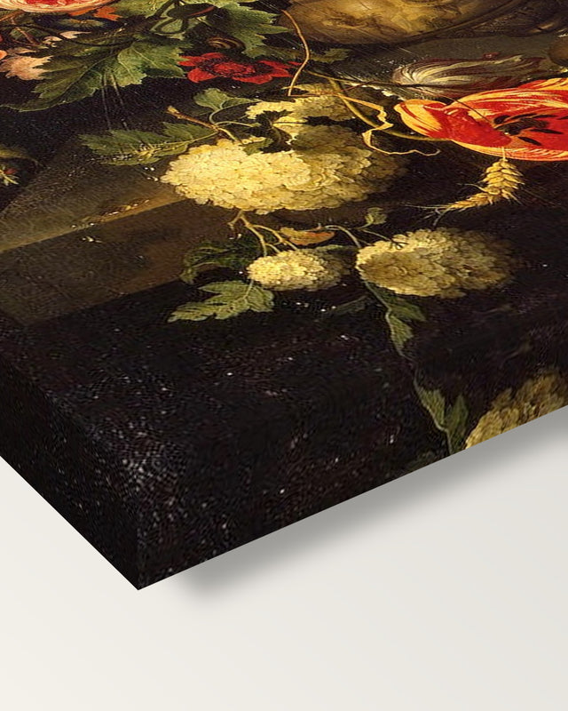 Flowers with a Squirrel by Abraham Mignon on stretched canvas, corner close-up: the painting mirror-wrapped round the sides