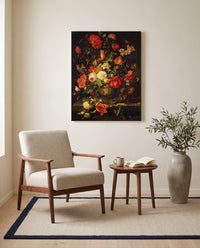 Flowers with a Squirrel by Abraham Mignon as a stretched canvas above a linen lounge chair in a reading corner