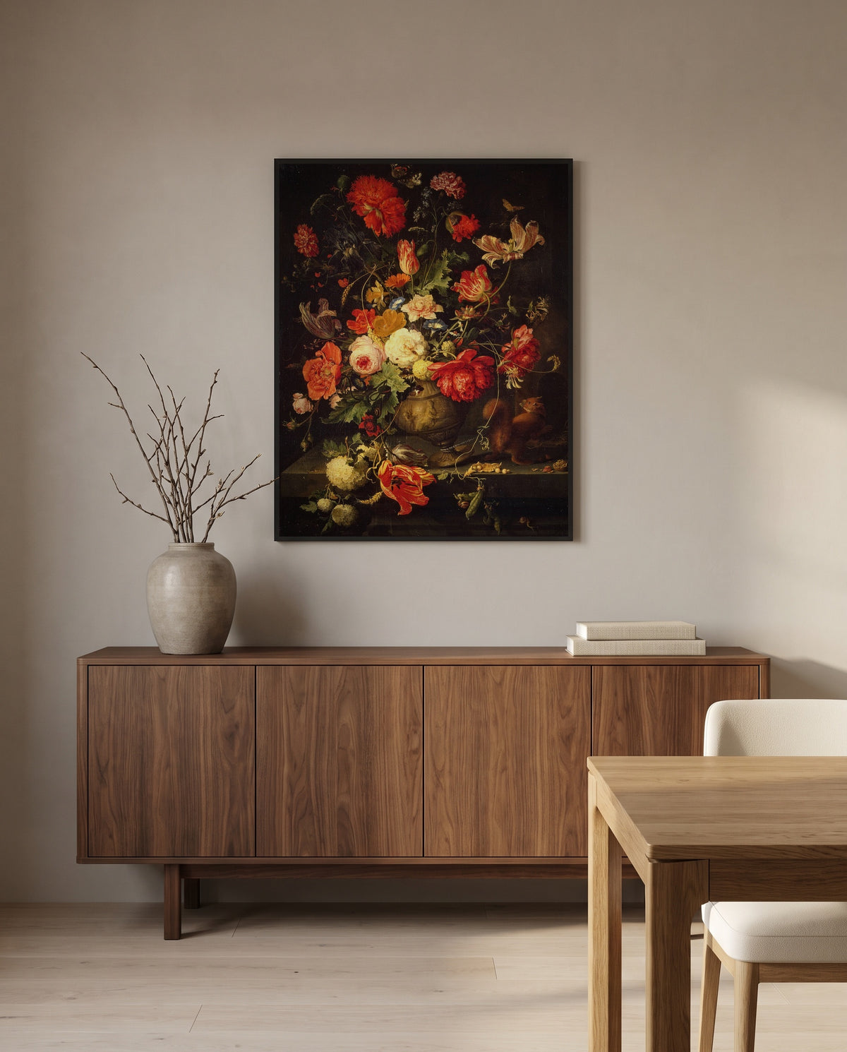 Flowers with a Squirrel by Abraham Mignon in a black frame above a walnut sideboard in a dining room