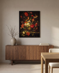 Flowers with a Squirrel by Abraham Mignon in a black frame above a walnut sideboard in a dining room