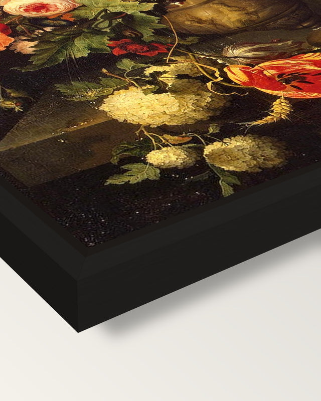Flowers with a Squirrel by Mignon framed canvas, corner close-up: a black floating frame with a shadow gap round the canvas