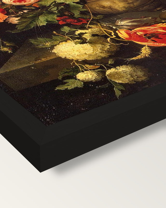Flowers with a Squirrel by Mignon framed print, corner close-up: black moulding, mitred, the print set just below its edge