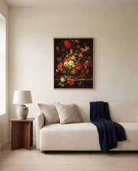 Flowers with a Squirrel by Abraham Mignon framed in natural oak above a cream sofa in a warm living room