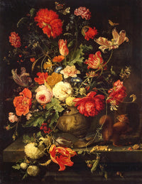 Vase of Flowers by Abraham Mignon: red poppies, roses and striped tulips in a dark vase on a stone ledge