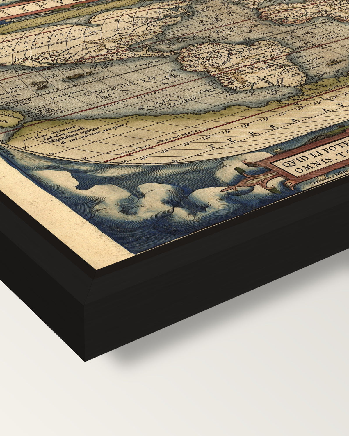 Typus Orbis Terrarum by Ortelius framed canvas, corner close-up: a black floating frame with a shadow gap round the canvas