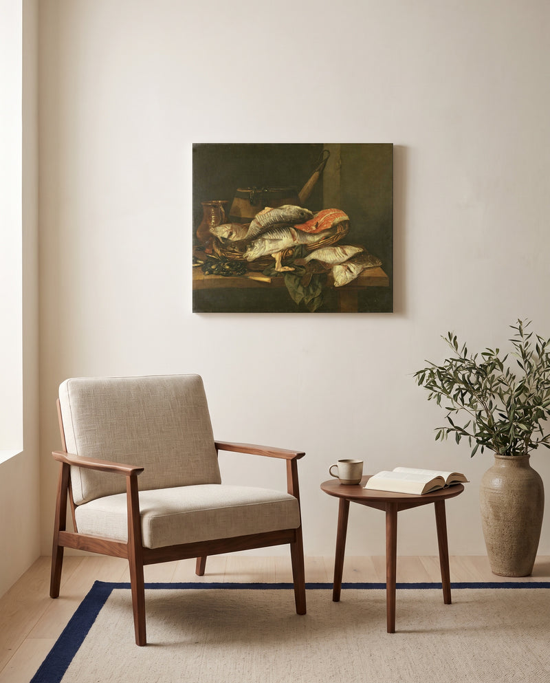Still Life with Fish by Abraham van Beijeren as a stretched canvas above a linen lounge chair in a reading corner