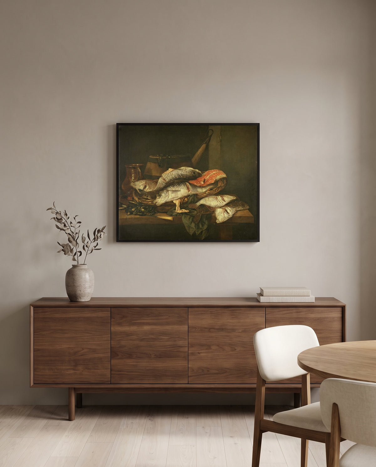 Still Life with Fish by Abraham van Beijeren in a black frame above a walnut sideboard in a dining room