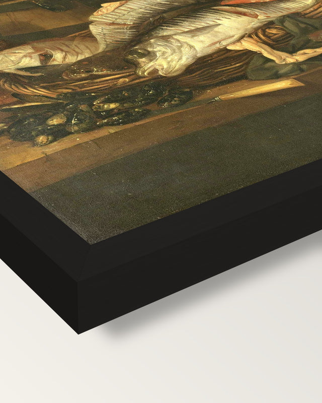 Still Life with Fish by van Beijeren framed print, corner close-up: black moulding, mitred, the print set just below its edge