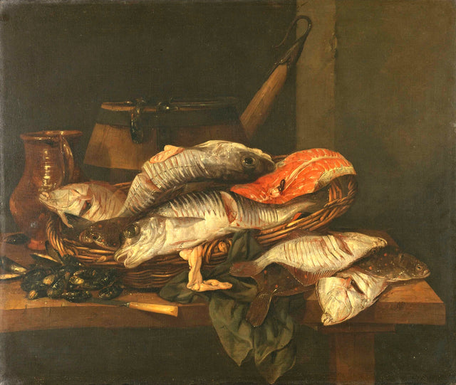 Still Life with Fish by Abraham van Beijeren: haddock, a salmon fillet and flatfish in a basket on a wooden table