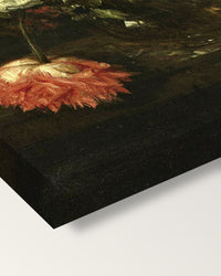 Flowers and a Watch by Abraham van Beijeren on stretched canvas, corner close-up: the painting mirror-wrapped round the sides