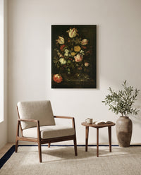 Flowers and a Watch by Abraham van Beijeren as a stretched canvas above a linen lounge chair in a reading corner