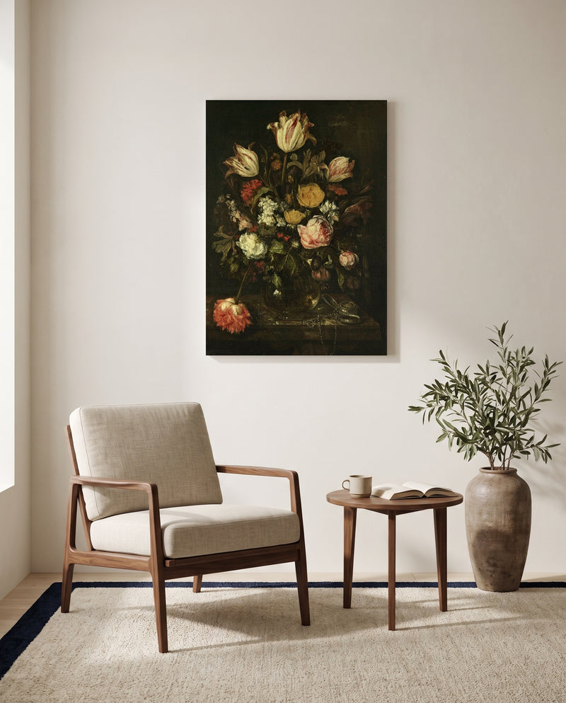 Flowers and a Watch by Abraham van Beijeren as a stretched canvas above a linen lounge chair in a reading corner
