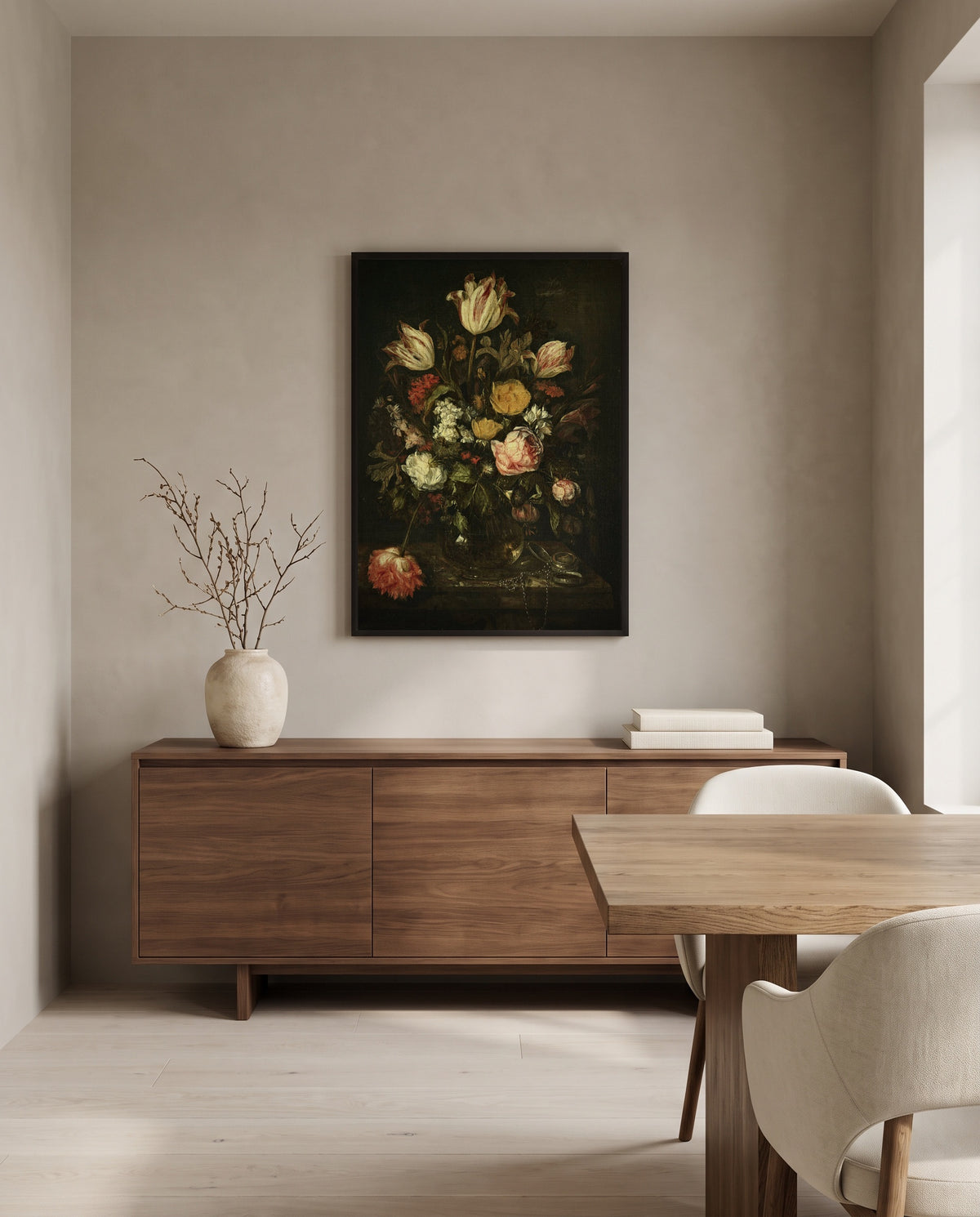 Flowers and a Watch by Abraham van Beijeren in a black frame above a walnut sideboard in a dining room