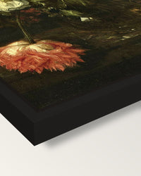 Flowers and a Watch by van Beijeren framed canvas, corner close-up: a black floating frame with a shadow gap round the canvas