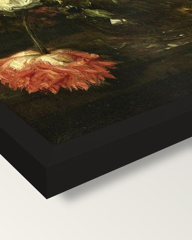 Flowers and a Watch by van Beijeren framed print, corner close-up: black moulding, mitred, the print set just below its edge
